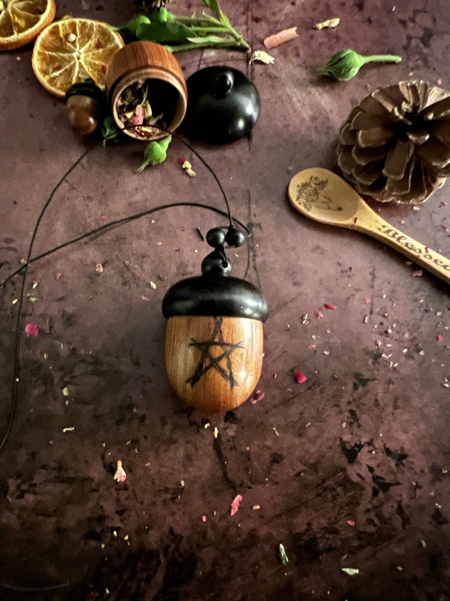 Acorn stash vessel with wood burned pentagram - The Preachers Daughter Candle Co