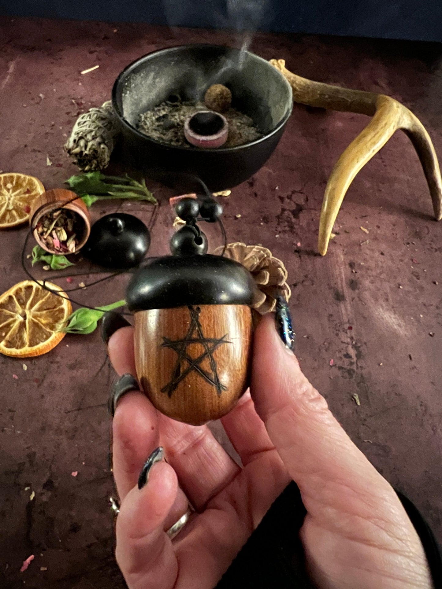 Acorn stash vessel with wood burned pentagram - The Preachers Daughter Candle Co