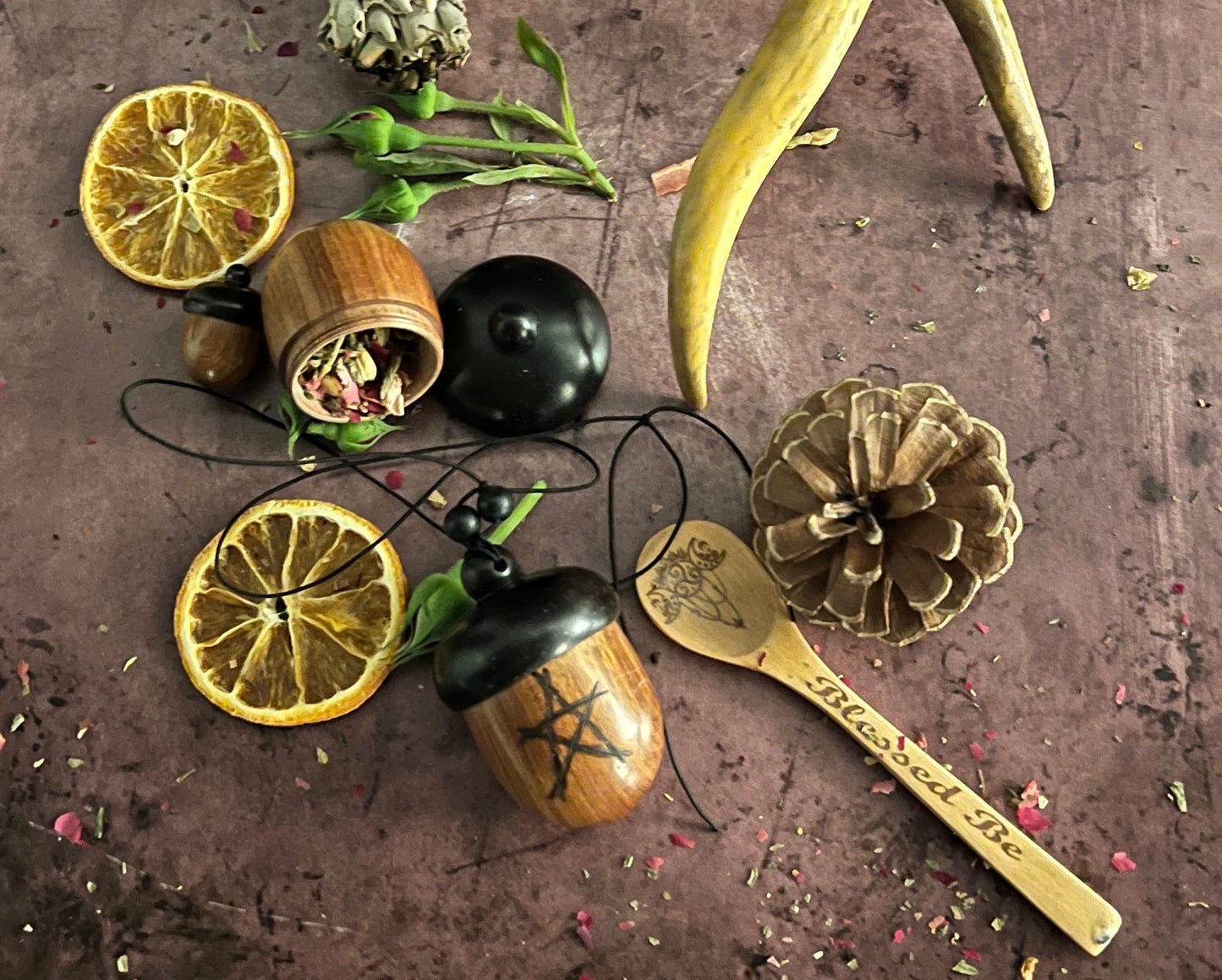 Acorn stash vessel with wood burned pentagram - The Preachers Daughter Candle Co