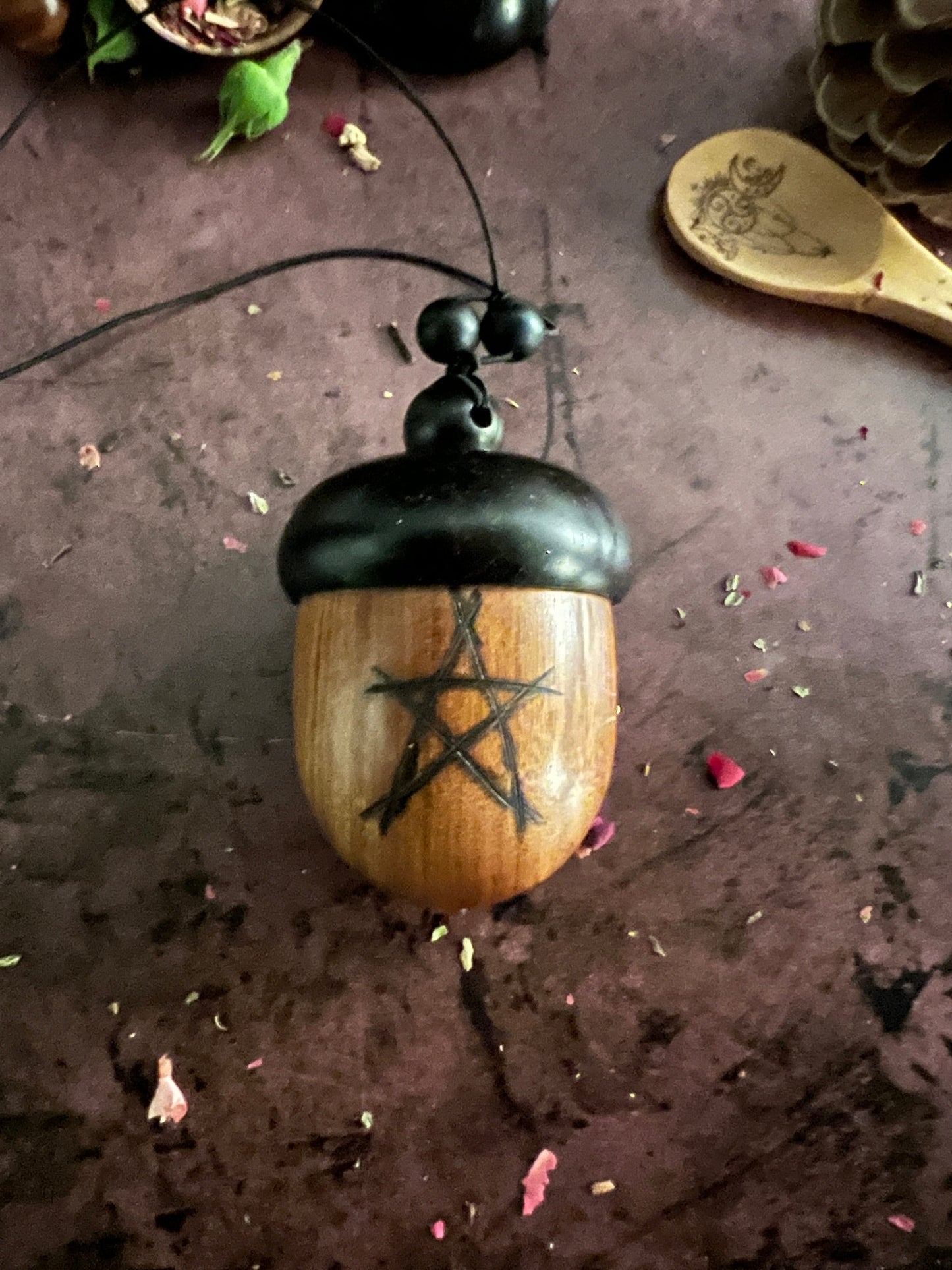 Acorn stash vessel with wood burned pentagram - The Preachers Daughter Candle Co