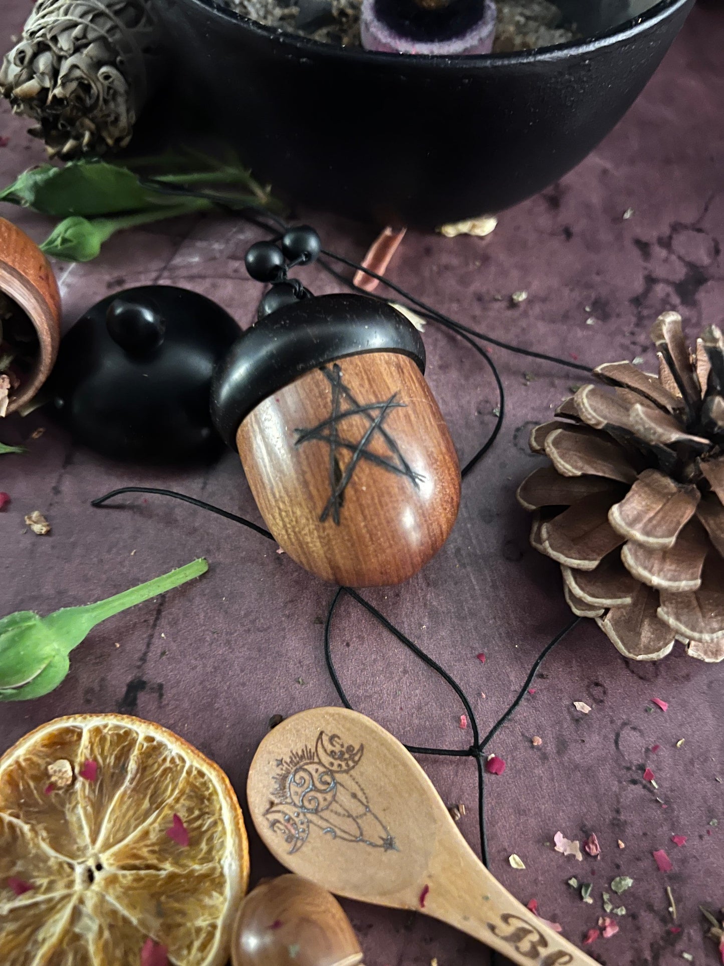 Acorn stash vessel with wood burned pentagram - The Preachers Daughter Candle Co