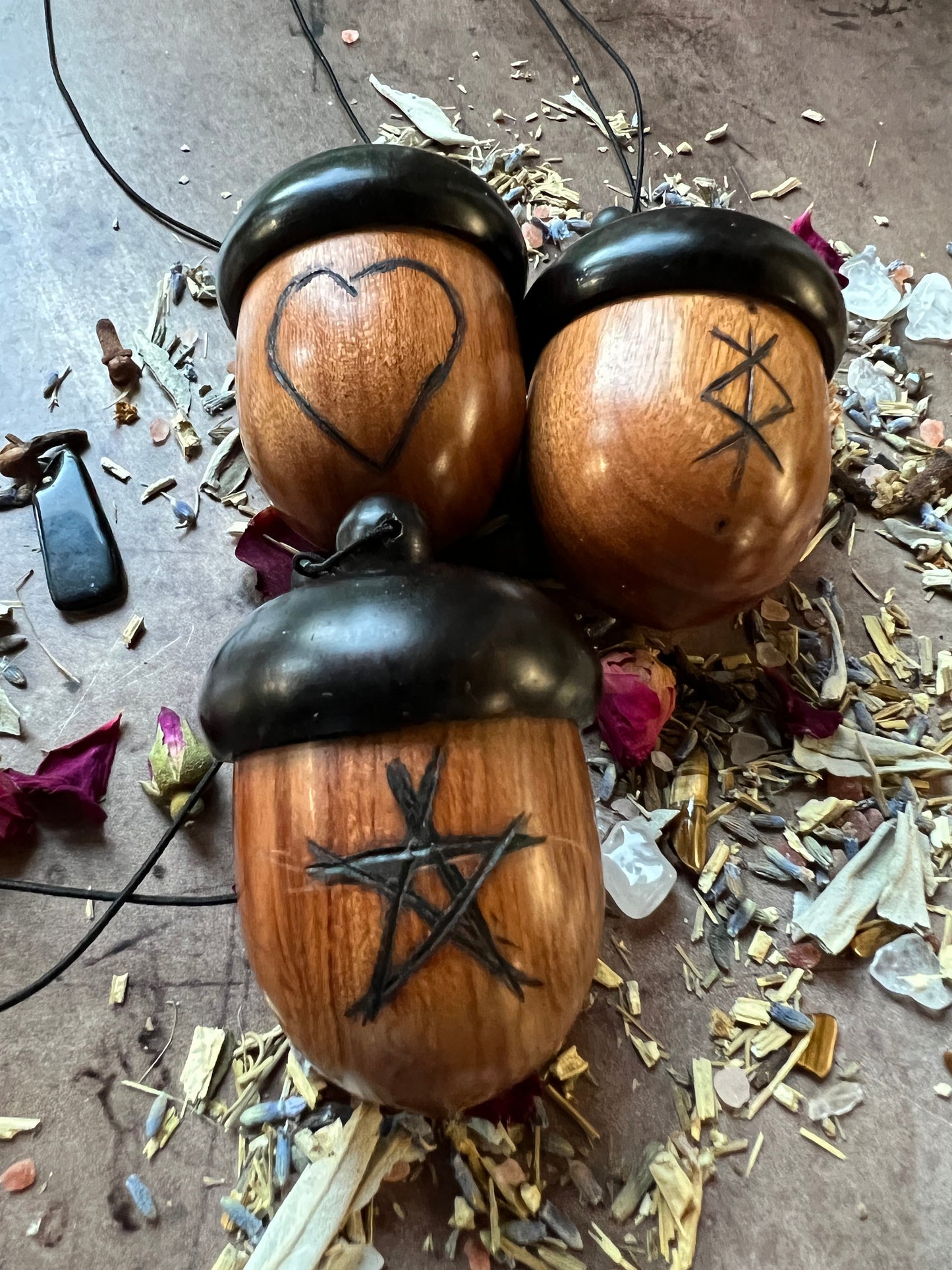 Acorn stash vessel with wood burned pentagram - The Preachers Daughter Candle Co