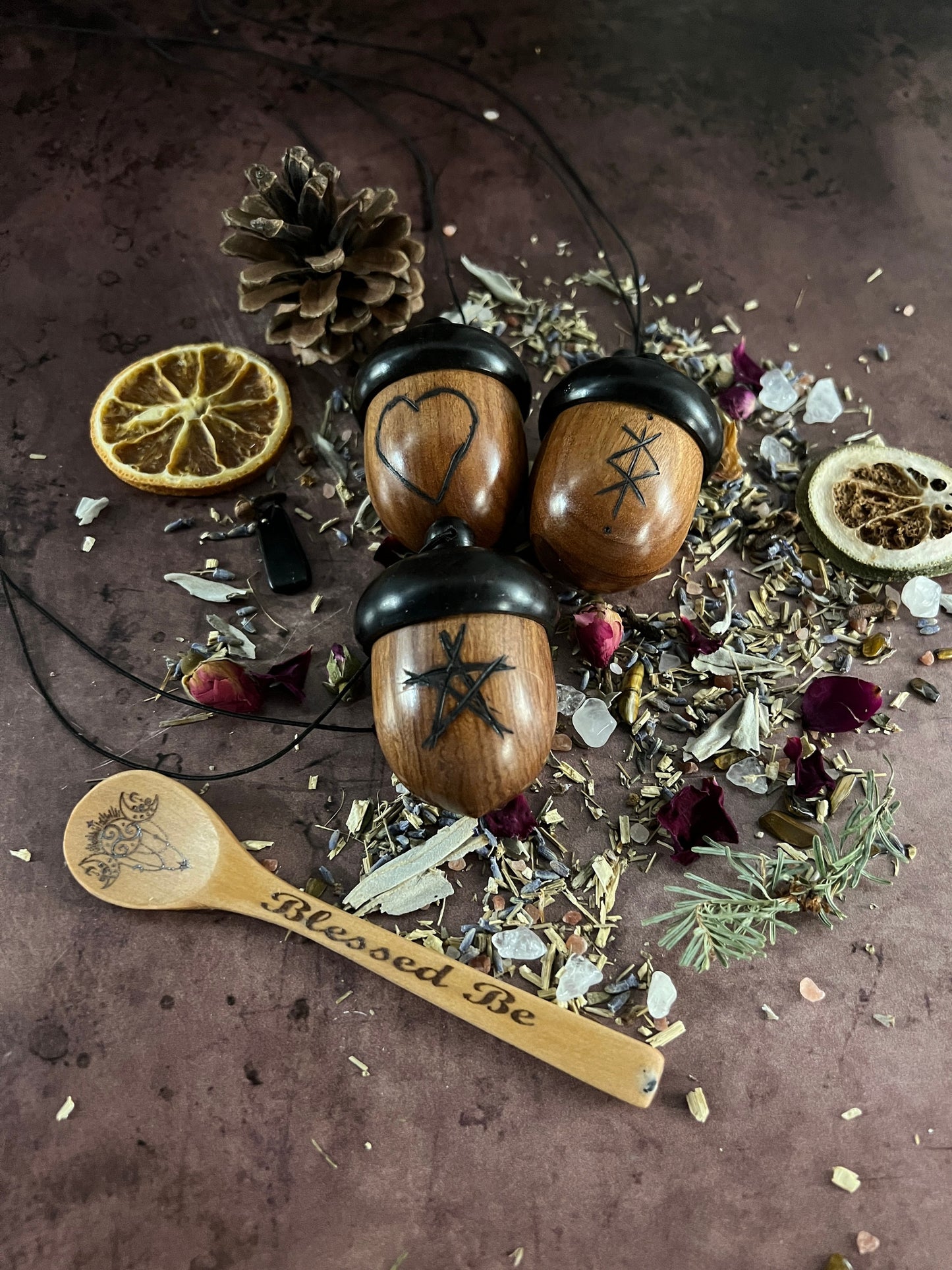 Acorn stash vessel with wood burned pentagram - The Preachers Daughter Candle Co