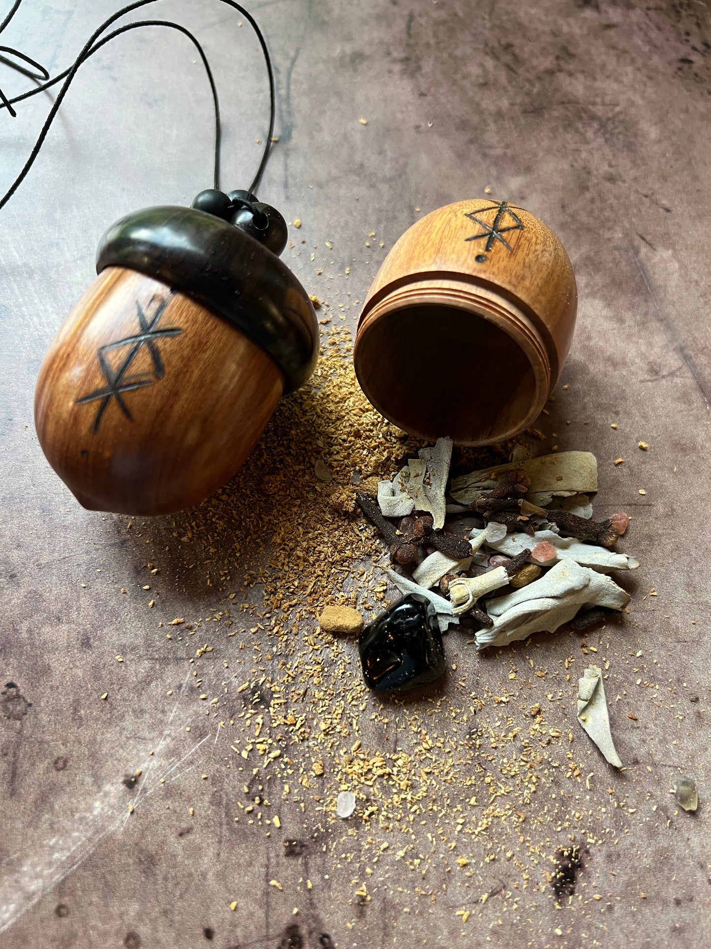 Acorn stash vessel with wood burned pentagram - The Preachers Daughter Candle Co