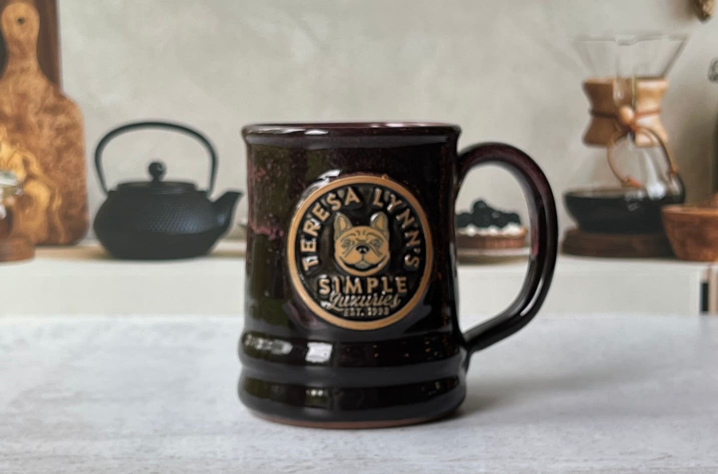 Hand thrown Pottery Shop Mug with our Cute French Bulldog Logo - The Preachers Daughter Candle Co