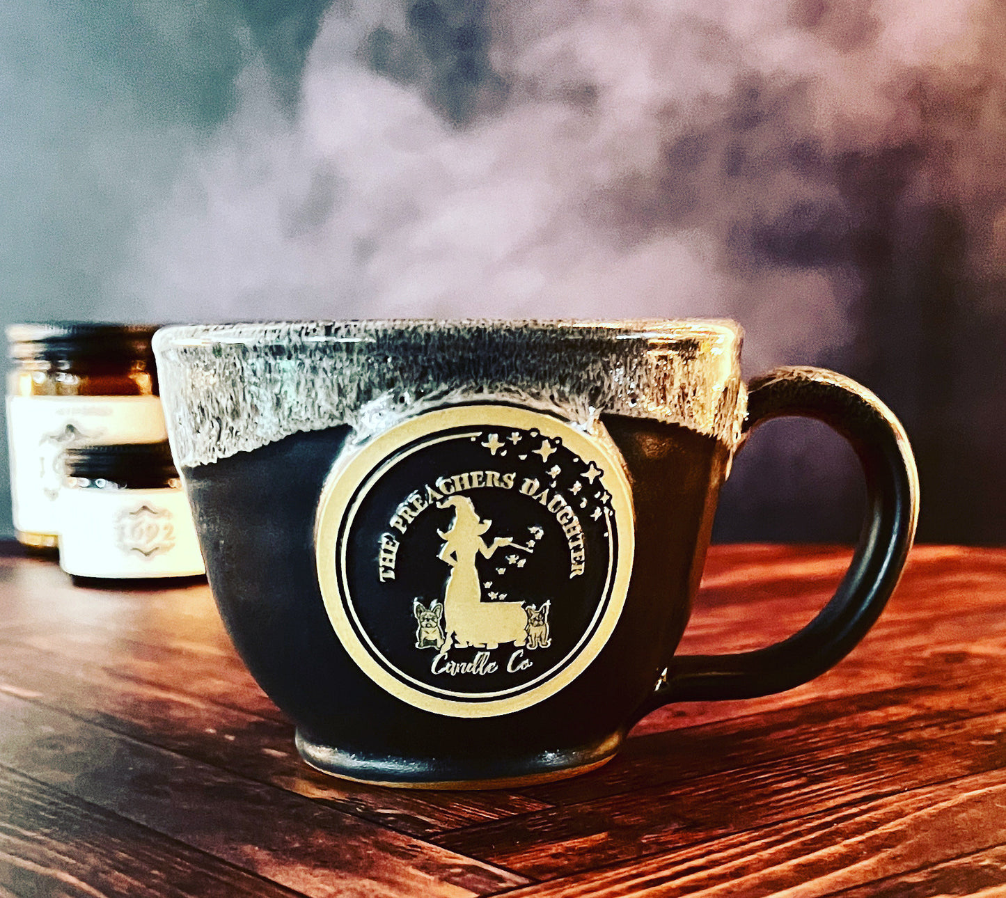 Hand thrown Pottery Shop Mug with our Cute French Bulldog Logo - The Preachers Daughter Candle Co