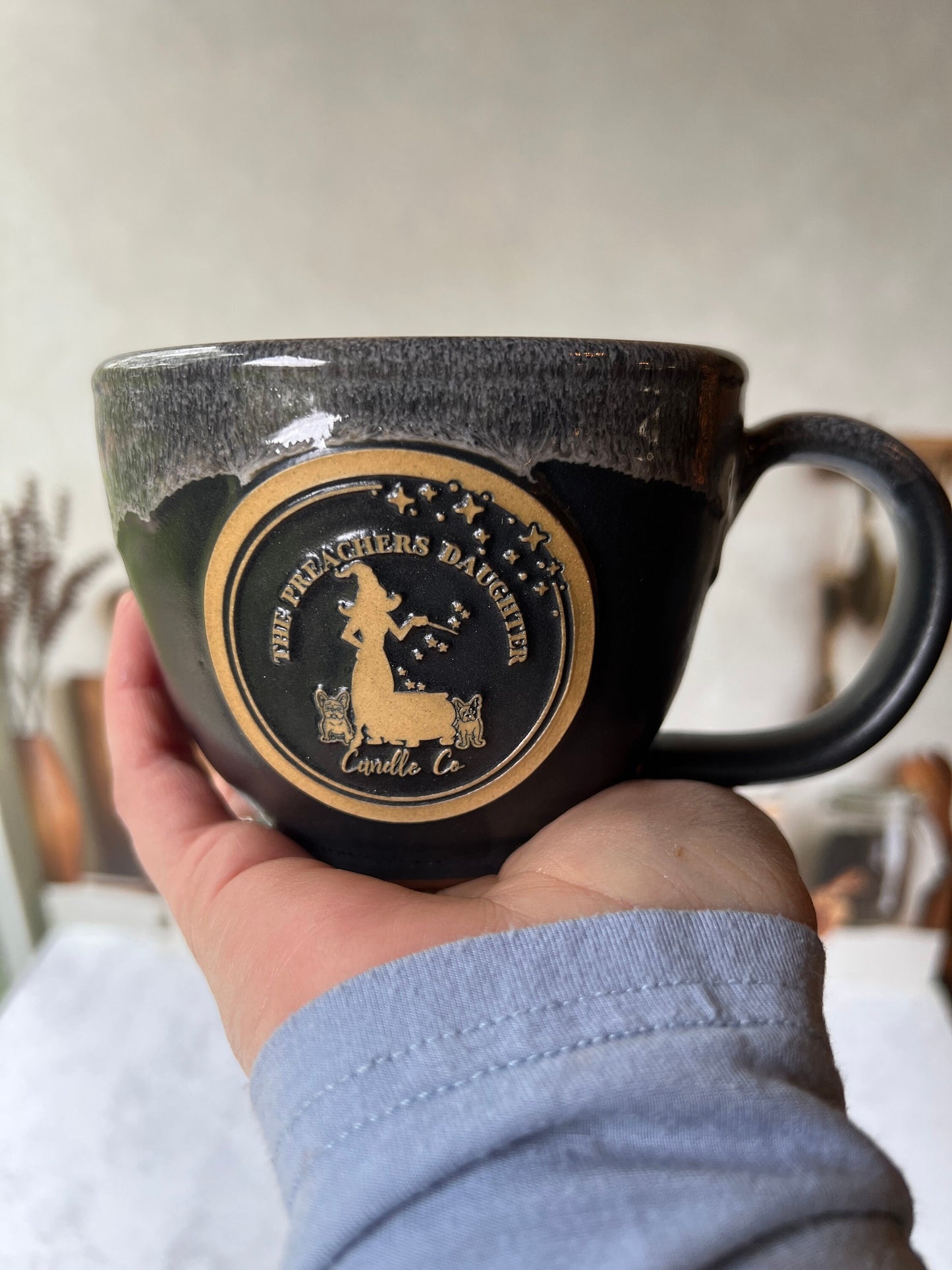 Hand thrown Pottery Shop Mug with our Cute French Bulldog Logo - The Preachers Daughter Candle Co