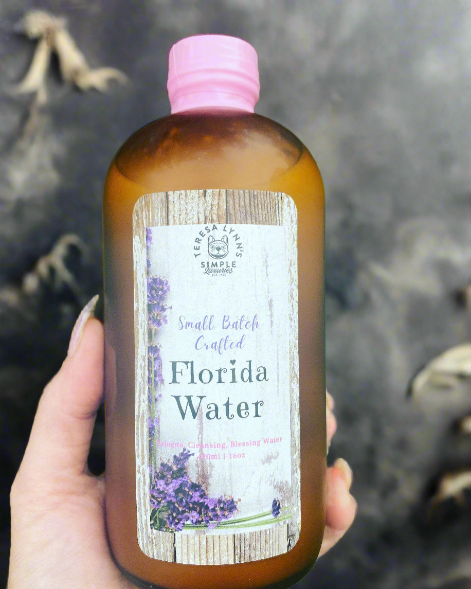 A large pint amber bottle filled with Teresa Hand made Florida water used in this recipe. 