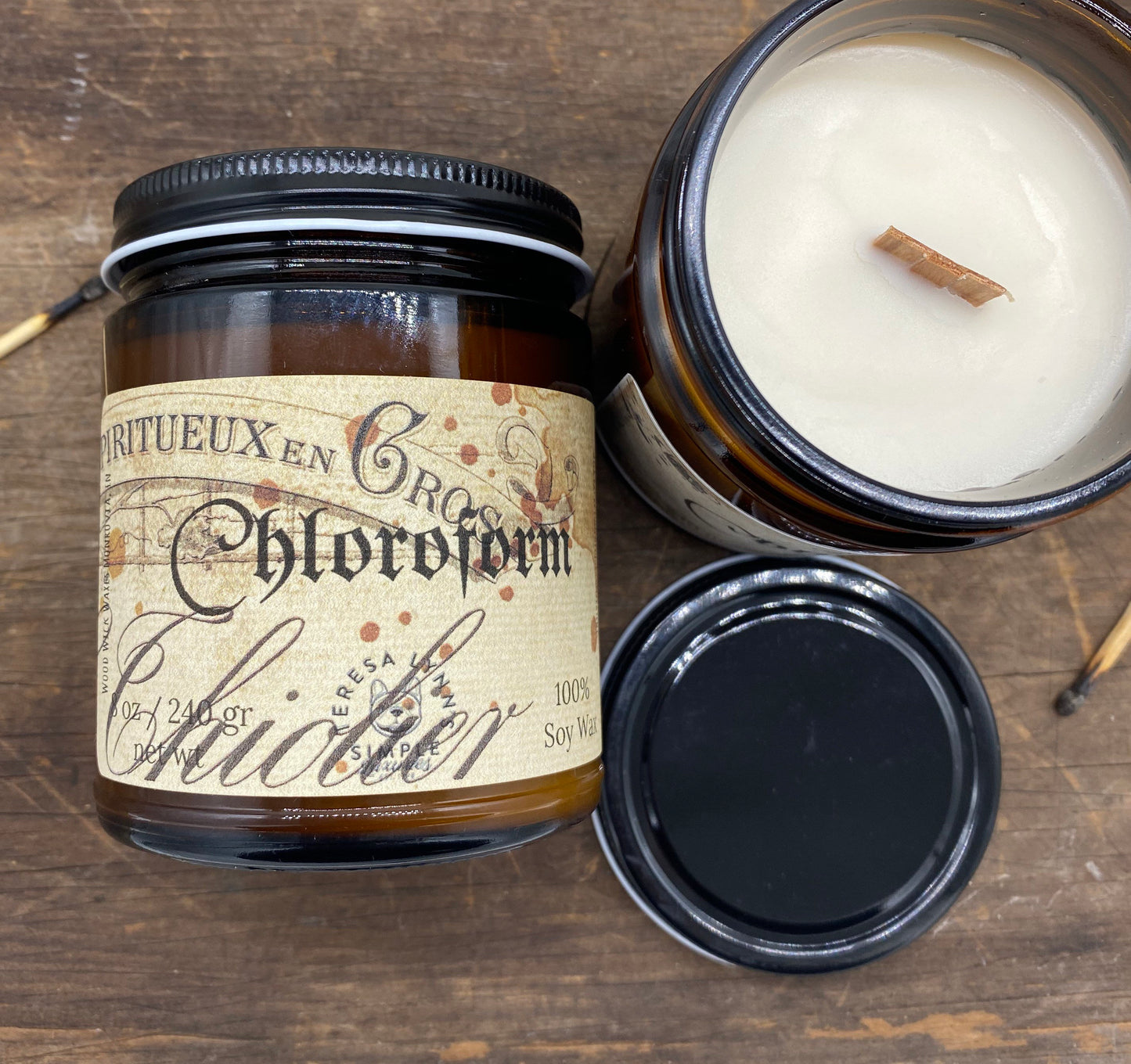 Chloroform, wooden wick soy candle, self care candle, witch, relaxation, meditation candle, essential oil, best seller - The Preachers Daughter Candle Co