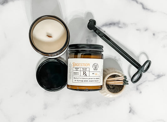 Digestion, wooden wick, aromatherapy candle, soy wax candle, brown jar, self care, holistic health, nausea, essential oil, phthalate free - The Preachers Daughter Candle Co