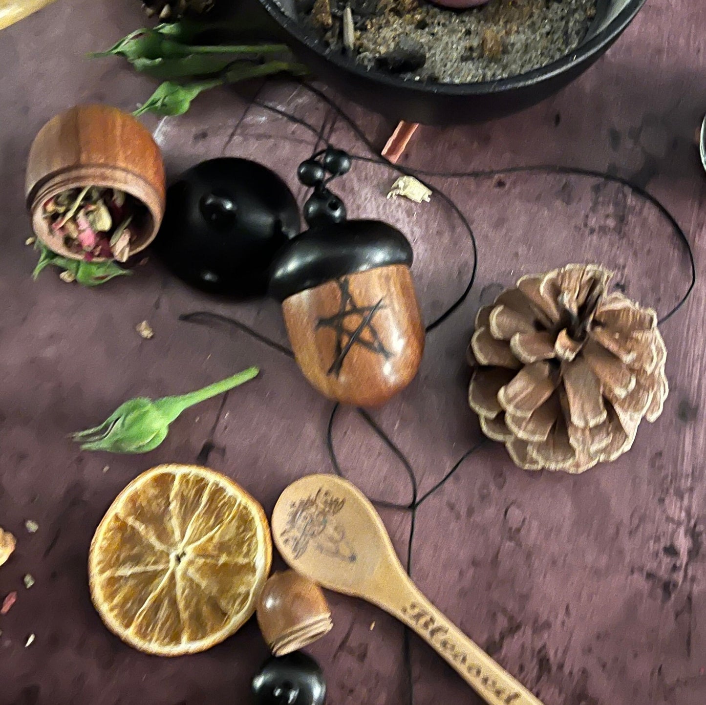 Acorn stash vessel with wood burned pentagram - The Preachers Daughter Candle Co