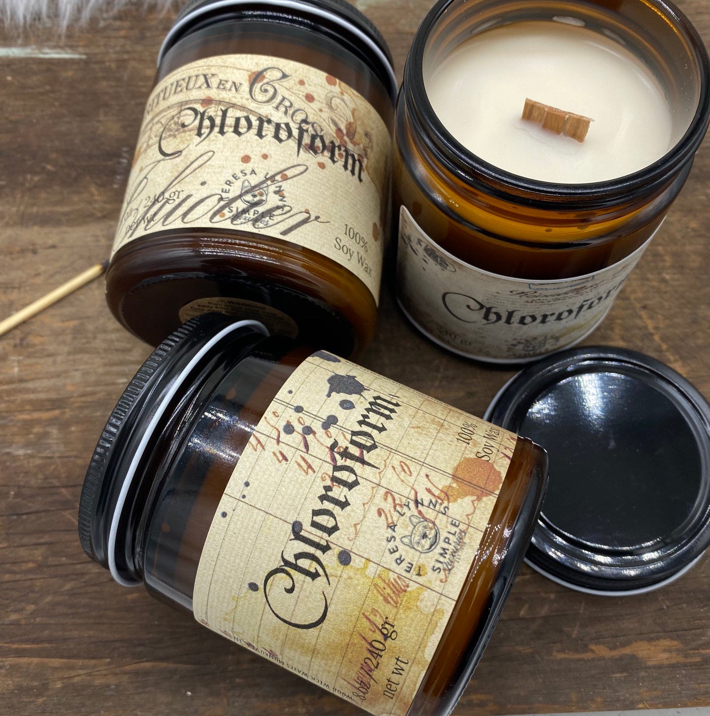 Chloroform, wooden wick soy candle, self care candle, witch, relaxation, meditation candle, essential oil, best seller - The Preachers Daughter Candle Co